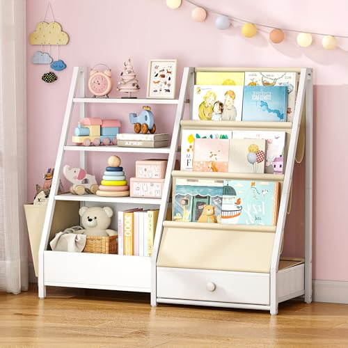 Quikraen Bücherregal Kinder, Kinderregal mit 4 Ablage und 3 Offenen Fächern, Montessori Bücherregal, Spielzeug Organizer, mit Seitentasche, Bücherregal für Kinderzimmer, 83.5x30x75 cm, Weiß