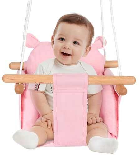 Balançoire Suspendue, Siège en Toile, Cadre en Bois Massif, Balançoire pour Enfants de 6 à 36 Mois, capacité de Charge de 25kg ﻿ (Rose)