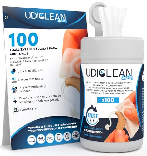 100 Lingettes Auditives Nettoyantes et Humides Udiclean Roll-Up - dans un Distributeur Refermable à Économie d’Humidité - Maxi Lingettes 17x15cm et Ultra Résistantes