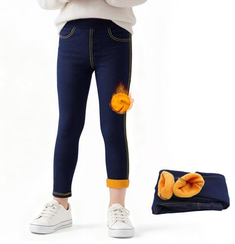 Tokeya Legging Polaire Filles Denim Thermique Doublés Molleton 4-12 Ans | D'hiver Chaud Pantalon, Couleur Unie, Élastique Jeans Legging Thermique, Enfant Longueur Pants avec Poche, Hiver Vêtements