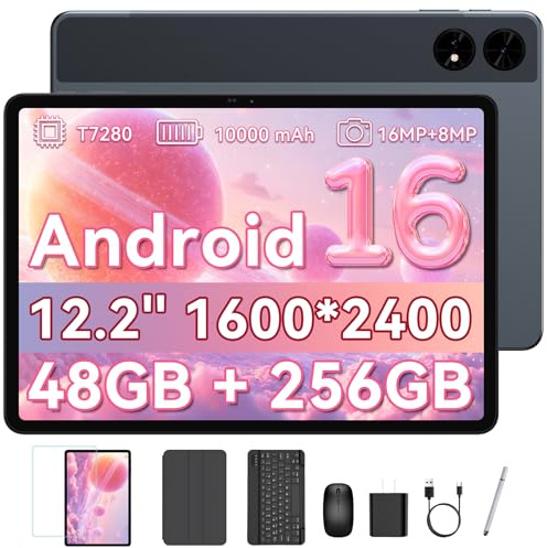 BESTTAB 2026 12 Inch Tablet, 48GB RAM+256 Storage(Expand to 2TB), Android 16 Tablet with Keyboard, T7280 Octa-Core, 2.5K 2400x1600 Display, 16MP Dual Camera, 10000mAh, 5G WiFi, 4 Year Warranty