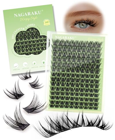 NAGARAKU Gör-det-själv ögonfransgrupper, 140 st, Wispy Flair fluffigt ögonfranskluster, tunt band, mjuk, återanvändbar för nybörjare, vardag, lätt, naturligt utseende, Lash 14 rader (Wispy 0,07 mm C 8