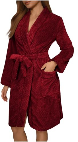 MKLQLS Vestaglia da Donna in Flanella a Nido D'Ape,Stile Corto,Soffice e Sofficecon Collo a Scialle,Comoda Vestaglia Accappatoio,invernale,Super Morbida,Rossa,Taglia Xl