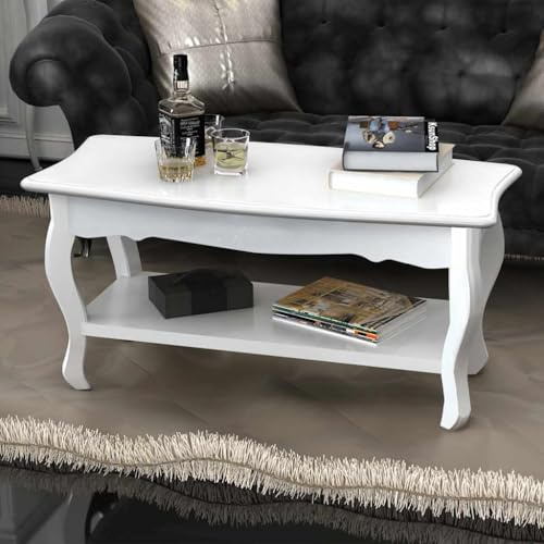 QZZCED Table basse moderne à deux niveaux avec finition laquée blanche, étagères ouvertes et design de style provincial français, fabriquée en bois de pin massif pour salon