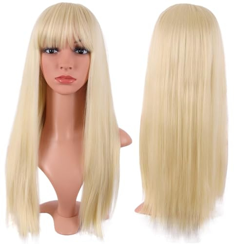 HTTDSLF 60 cm (24 tum) lång blond peruk med ponny, kvinnor lång rak platt lugg, damperuk, halloweenperuk för cosplay, kostymfest