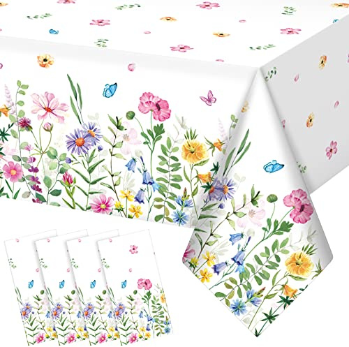 4 Pack Wildflower Floral Tablecloth, 108 x 54 Inch Watercolor Spring Flower Plastic Wipeable Waterproof Disposable Table Cloth for Afternoon Tea Garden Party Birthday Wedding Baby Shower Picnic Decor