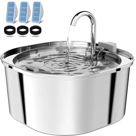 PEKTACO Cat Water Fountain, 3.2L/108oz Stainless Steel Pet Water Fountain for Cats Indoor, Dog Drinking Dispenser Metal Kitty Spout with 3 Filters+ 3 Sponges