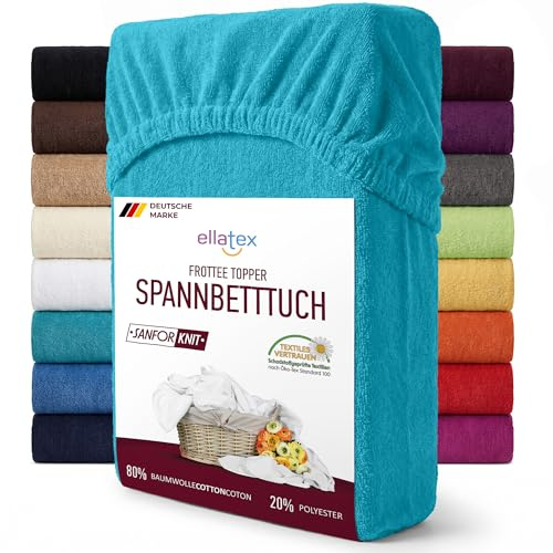 EllaTex Frottee Topper Spannbettlaken 180x200–200x200 – 200 g/m², warmes Spannbetttuch für Topper bis 12 cm Höhe, Farbe: Türkis