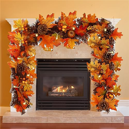 Autumn Garland 1.8m/5.9ft Artificial Maple Leaf Pumpkin Garland with Pinecone DIY Halloween Home Decorations Hanging Autumnal Wreath for Front Door Fireplace Wall (with light)