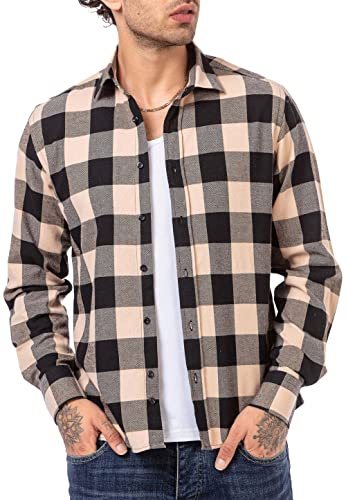 Skjorta för män fritidsskjorta skogsarbetare skjorta rutig rutig rutig tröja vintage, Beige, XXL