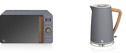 Swan Nordic Micro-ondes numérique 20 L, 6 niveaux de fonctionnement, gris mat & Nordic Bouilloire électrique ultra rapide sans fil Design moderne 1,7 l 2200 W Poignée effet bois Arrêt automatique Gris