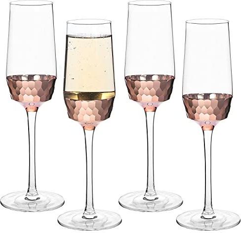 MyGift Iridescent Angled Rim Champagne Flute Set of 4, Sparkling Wine Glasses, Rainbow Transparent Prosecco Wine Glass, Cocktail Mimosa Glass Set, Holiday New Year Toasting (pink)