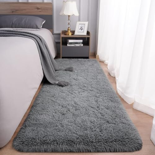 Aspire Homeware Rugs Living Room - Grey Area Rugs for Bedroom Anti Slip - Super Soft Fluffy Shaggy Hallway Runner Rug Thick Pile Non Shedding, 60cm x 220 cm