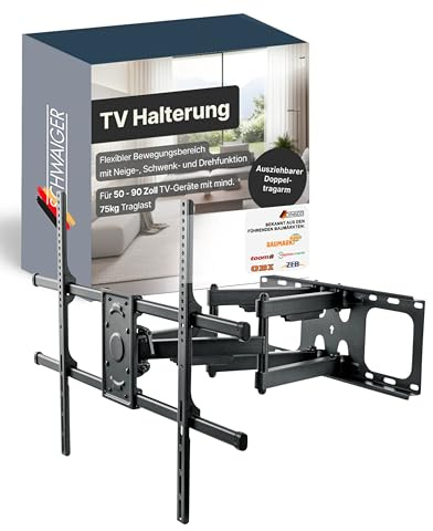 SCHWAIGER TV-Wandhalter Motion 8 I 50-90 Zoll Fernseherhalterung I neigbar, schwenkbar & drehbar I universelles Montageset für große Flachbildschirme I TV-Halterung mit integrierter Wasserwaage