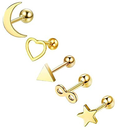 AMDXD Piercing Nasenstecker 1.2mm, Edelstahl Nasenring Klein Gold Mood Stern Herz Dreieck, Ohr Nasen Piercing für Damen, 5 Stücke