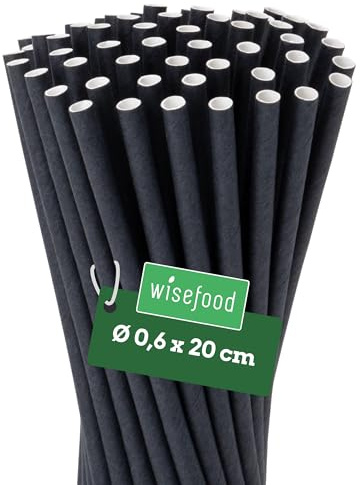 Wisefood Papperssugrör – sugrör av papper – Ø 6 mm 20 cm – fria från PLA/PE – Biologiskt nedbrytbara engångssugrör av robust kraftpapper, 8 000 stycken, svart