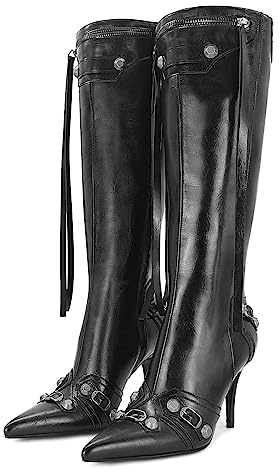 Dsevht Stivaletti da donna neri al ginocchio stivali sexy a punta stivali moda trendy tacco alto stivali cerniera, nero, 37 EU