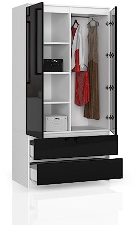 BDW Garderob med 2 dörrar och 4 hyllplan - Klädhängare - 2 lådor - Blank yta - Garderob för sovrummet vardagsrummet hallen - 180x90x51cm - Vit/Svart