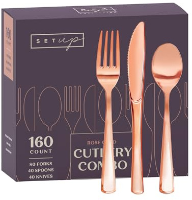 SETUP [160 Count] Disposable Silverware, Rose Gold Combo Cutlery - 80 Forks, 40 Spoons, 40 Knives - Heavy Duty, and Durable Rose Gold Plastic Silverware Set Great for Parties, Events, and Everyday use