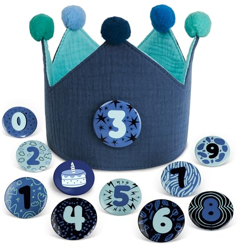 Juicy Bumbles Baby Birthday Crown Kids - Reversible Birthday Crowns for Kids with Number Badges - Party Hat in Muslin Cotton - Blue & Turquoise