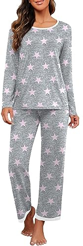PrinStory Schlafanzüge Für Damen Lange Ärmel Nachtwäsche Weiche Rundhals Pyjama Set