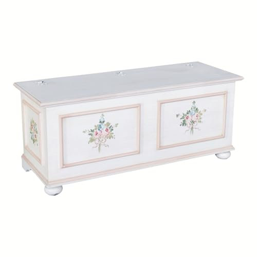 Vicentini arreda CASSAPANCA IN LEGNO SHABBY CHIC MOD CIPOLLA BIANCO ANTICATO DECORATO FILO ROSA