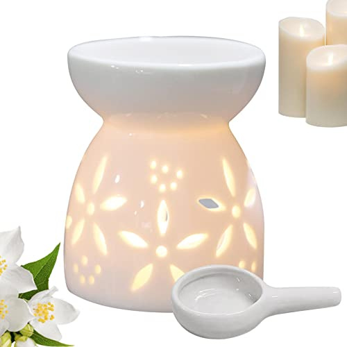 Keramik Ölbrenner Ausgehöhlt Aroma Diffuser Teelicht Duftlampe Aus Keramik Weiß Mit Candle Löffel | Schicker Teelichthalter Aromalampe Duftöl Kerzenhalter Aromabrenner Für Büro,Schlafzimmer,Wohnzimmer