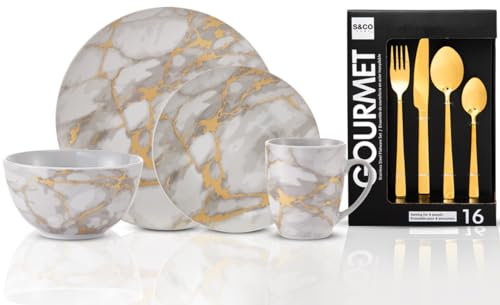 Set combinato esclusivo da 32 pezzi, 16 pezzi, effetto marmo oro e set di posate da 16 pezzi, servizio per 4, lavabile in lavastoviglie, piatti, ciotole per zuppe o cereali, tazze, forchette