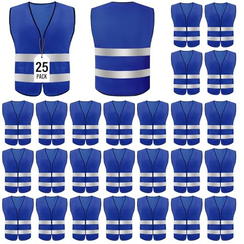 Safety Vests 25 Pack - Blue Reflective High Visibility Construction Vests,ANSI Class 2 Work Vests for Men,Woman,Hi Vis Mesh and Neon Silver Strip