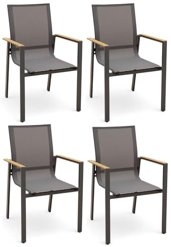 ALEOS. Gartenstuhl mit Armlehne Gartensessel Stapelstuhl Stapelsessel Sessel Trinidad Aluminium Textilgewebe Teak stapelbar, Größe:4 Stück