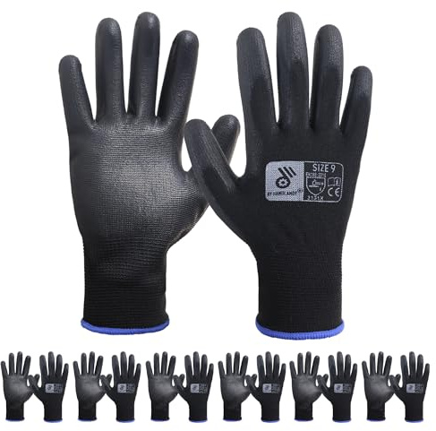 HANDLANDY 6 Pairs PU Coated Nylon Black Protective Work Gloves, Non-slip Flexible Gloves for Construction, Warehouse, Gardening, Large