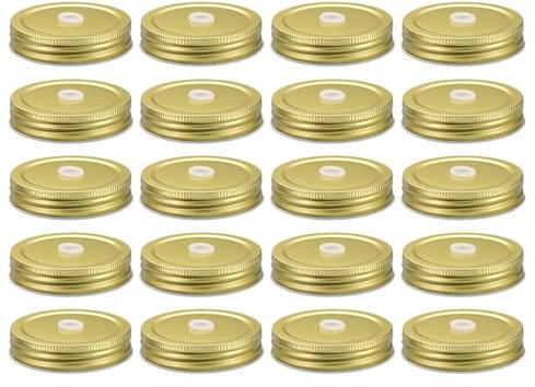 sourcing map 20pcs Mason Jar Lids with Straw Hole Regular Mouth, 70mm Metal Mason Canning Lids Leak Proof Mason Jar Caps for Mason Jar Gold