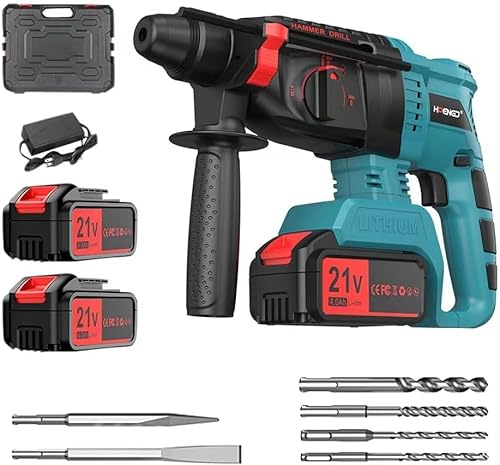 Akku Bohrhammer Brushless 21V SDS-plus, Bürstenloser Motor Geeignet für Beton, Mauerwerk, Wände, Anti-Vibrationsgriff, 2 * 4000mAh Akku