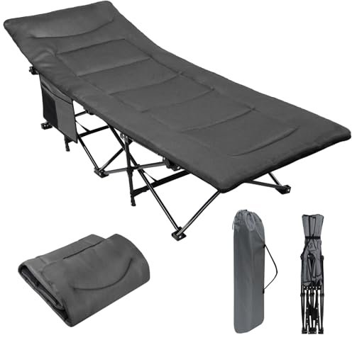 ALPIDEX Campingbett Feldbett bis 200 kg Seitentasche Bequem Auflage Weich Gepolstert Klappbar Faltbar Gästebett Liege Camping Garten, Farbe:Grey