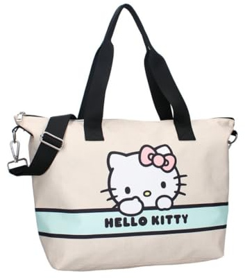 mybagstory - Borsa Shopping grigio Hello kitty - Donna - Adolescente - Spiaggia - Corse - Liceo - Collegio - Taglia 48 cm - Spallacci, Hello Kitty - Grigio, Taglia unica