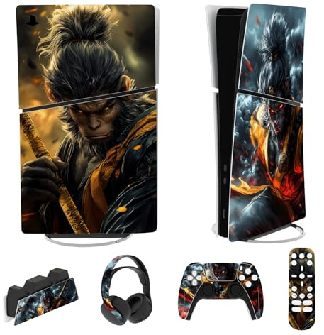 PlayVital Skin Sticker für ps5 Slim Konsole Digital Edition,Aufkleber Vinyl-Skin Stickers Schutzfolie Folie für ps5 Controller,Ladestation, Headset,Medienfernbedienung-Wasteland&Cloudstorm Wukong