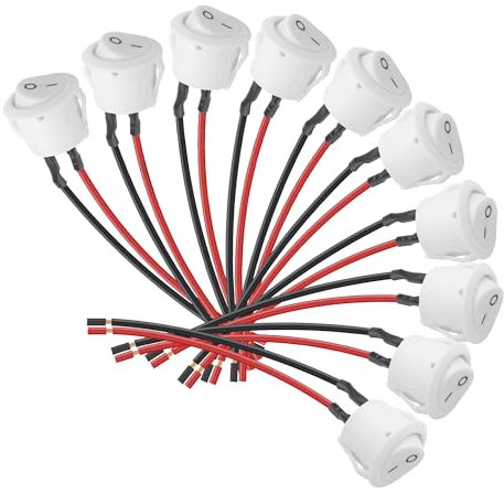 YAODHAOD 10 Stück 12V Wippschalter SPST Switch 10 A/125 V, 6 A/250 V Rocker Kippschalter (mit Draht) Runde Schalter Wippschalter Button für Truck Jeep Off Road Boat Marine (weiß)