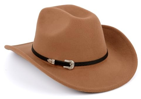 SIGONE Brauner Westernhut Cowboyhut für Damen und Herren, breite Krempe, Outdoor-Filzhut mit Schweißband, bequemes, stilvolles Design, perfekt für Kostümpartys, braun, 2