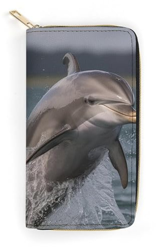 HJKBCV Ledergeldbörse für Damen und Herren, coole Delfin-Geldbörse, Kreditkartentasche mit Reißverschluss, wasserdicht, lange Geldbörse für Geschenk, Arbeit, Reisen, Alltag, Stil, 19,7 x 10,5 cm,