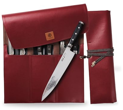 Bolsa enrollable para cuchillos de chef (versión 2.0), la funda impermeable más ligera y portátil, portador de cuchillos duradero personalizado, 8 protectores de cuchillos incluidos, Rojo buey,