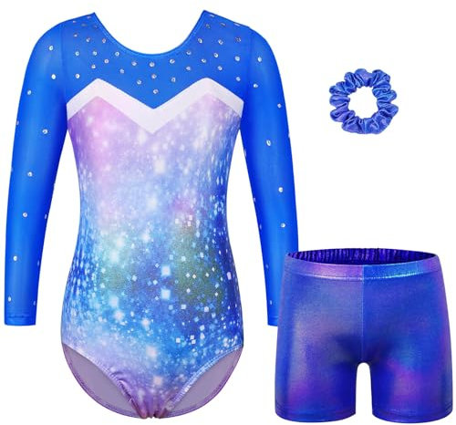 ZNYUNE Turnanzug mädchen Shorts Bunte Funkeln Gymnastik Trikots Farbverlauf Gymnastikanzug für Mädchen Strass B391 BlueSquare 8A