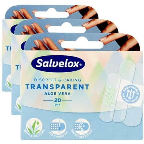 Salvelox ® | Transparent Aloe Vera 20 | Apósito con Aloe Vera discreto y transparente que permite la transpiración de la piel y es resistente al agua y a la suciedad | 20 Unidades (Paquete de 3)