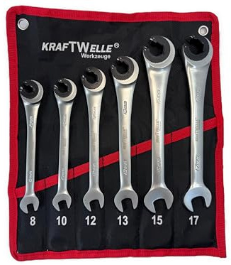 Kraftwelle 6 teiliges Ratschenschlüssel Set mit offenem Kopf für Brems- und Hydraulikleitungen/Schläuche/Schlüsselweite 8-17 mm mit Ratschenfunktion Hydraulikschlüssel Bremsleitungsschlüssel