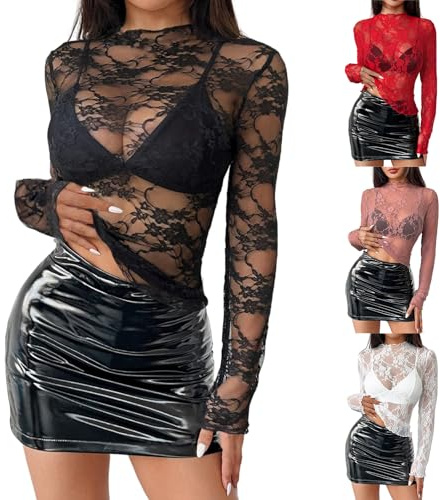 Haut Dentelle Femme, Chemisier Femme Chic et élégant en Dentelle Florale Transparente Chemise Sexy en Maille Haut Manches Longues Automne et Hiver Noire Haut Noir S