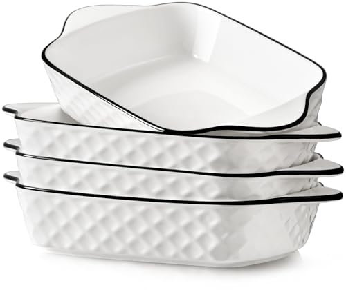 NUTRIUPS 10.5'' Small Baking Dishes Set of 4, 34Oz Rectangular Lasagne Dishes - Diamond Design - Small Ceramic Baking Dish, Rectangular Bakeware with Handles, Oven Safe & Microwave Safe