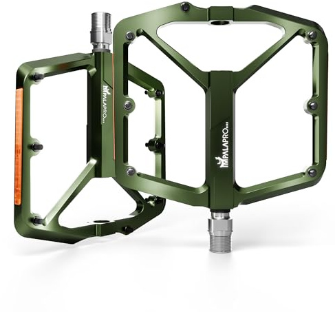 IMPALAPRO Pedali Bici Flat con Riflettori in Alluminio CNC 9/16” – Pedali MTB Flat con Ampia Piattaforma e Pin Antiscivolo Rimovibili – Pedali Bici Corsa Leggeri 355 g (verde militare)