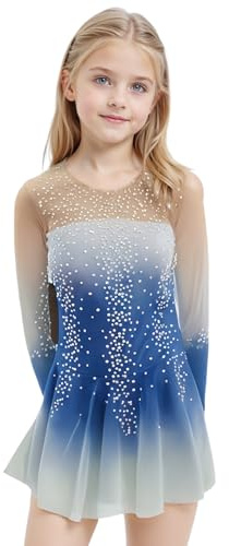 LIUHUO Robe de Patinage Artistique pour Fille - Compétition - Performance - pour Enfants et Adultes - 8 Couleurs dégradées, Bleu, 110cm