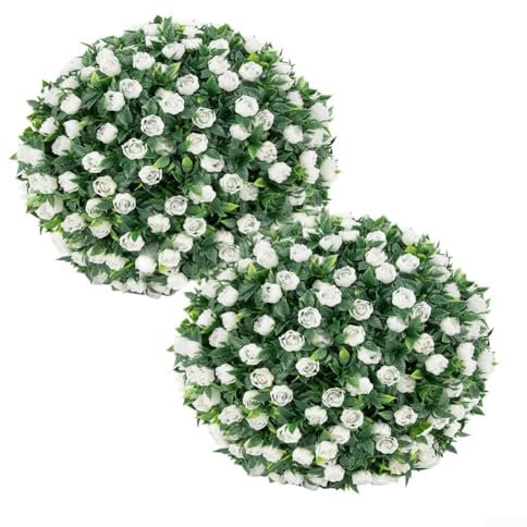 Sileduove Decorative Hanging Plant Spheres 25cm Artificial Boxwood Balls For Garden Patio Indoor Outdoor Home Wedding Celebration 2 Pieces(White Rose)