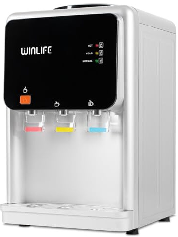 WINLIFE® Elektrischer Wasserspender Mini Silber mit Kindersicherung Knopf, heiße & kalte Getränke 5 bis 20 Liter, 3 Temperaturstufen, Gehäuse zur Aufbewahrung