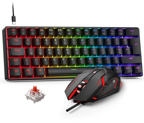 Rewurnth Gaming Keyboard and Mouse Set, 60% Compact UK Layout Mini Mechanical Keyboard with RGB Backlit, Red Switch, USB-C Wired, Ergonomic 4-Color LED Gaming Mouse, Portable Set for PC Mac Xbox PS5